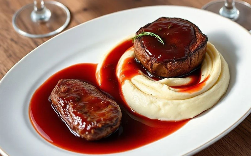 Filé mignon ao molho de vinho tinto com purê na manteiga
