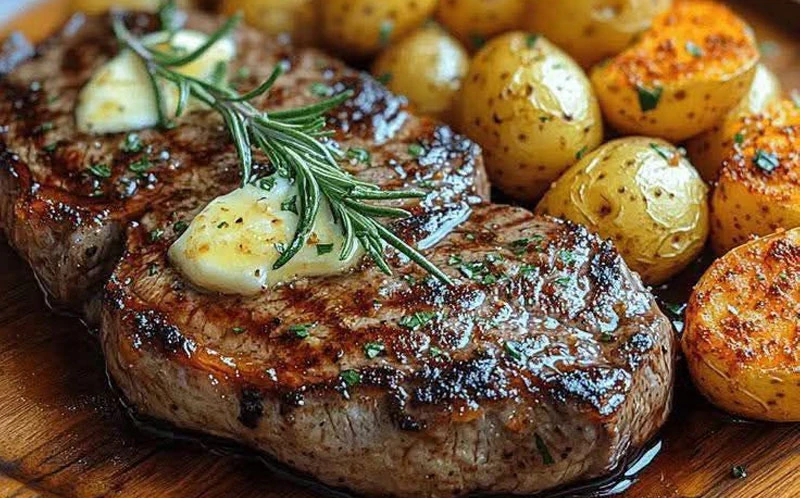 Entrecote maturado na manteiga de alho e alecrim com batatas rústicas