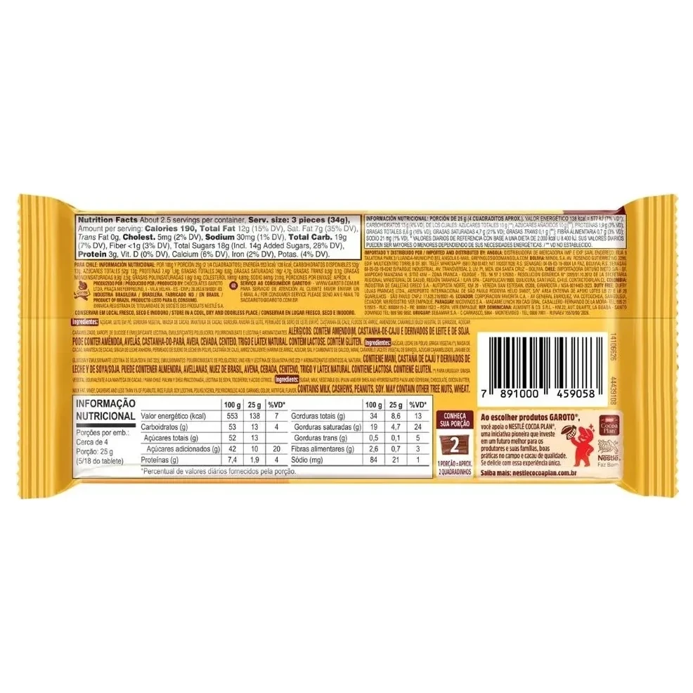 Chocolate Barra Recheado Serenata de Amor Garoto Tablete 90g