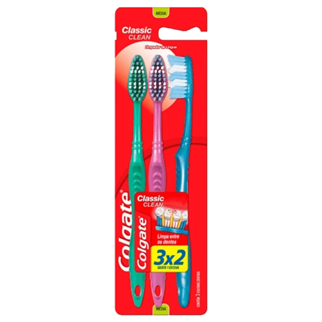 Escova Dental Adulto Classic Clean Macia Colgate Pacote 3 Unidades
