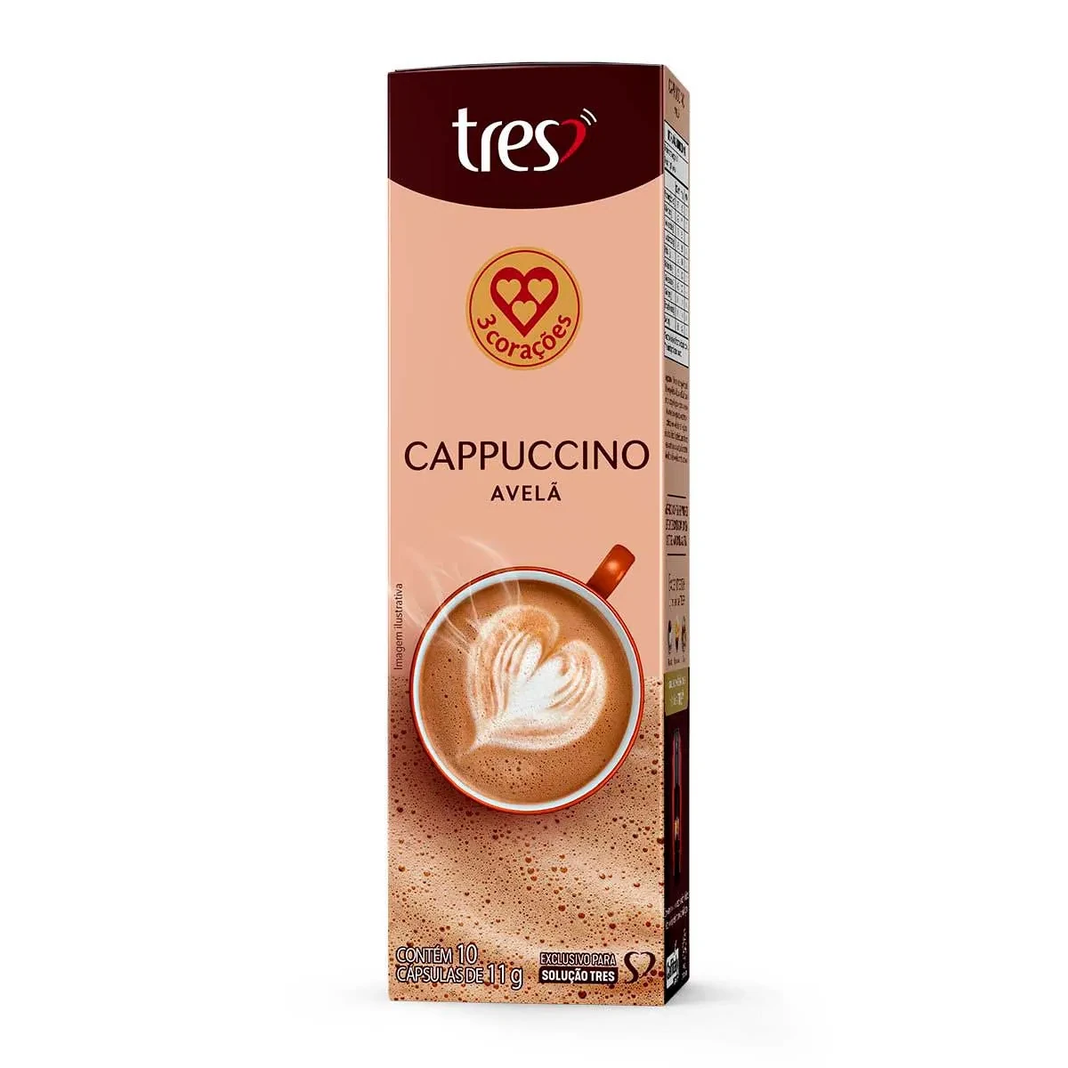 Café Capsula Tres Cappuccino Avelã 3 Corações Caixa 10 Unidades 110g
