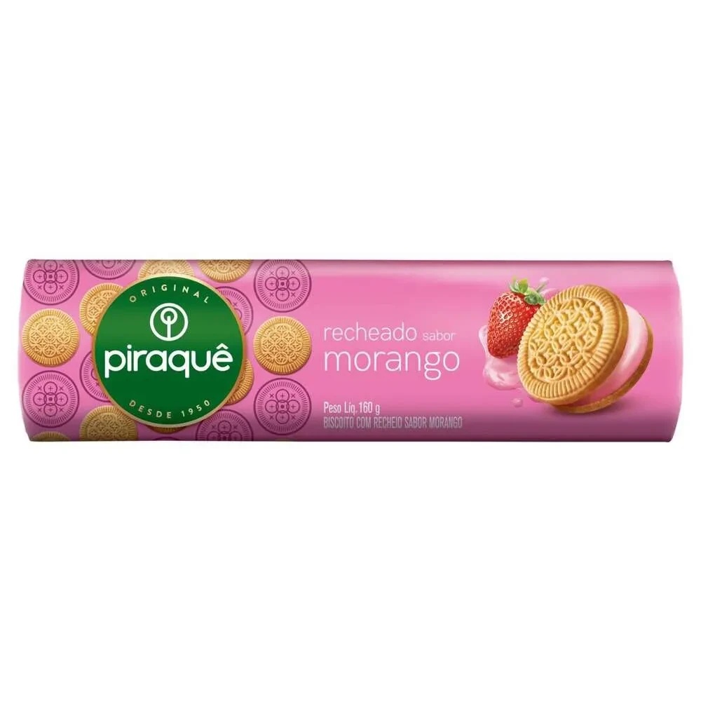 Biscoito Recheado Morango Piraque Pacote 160g