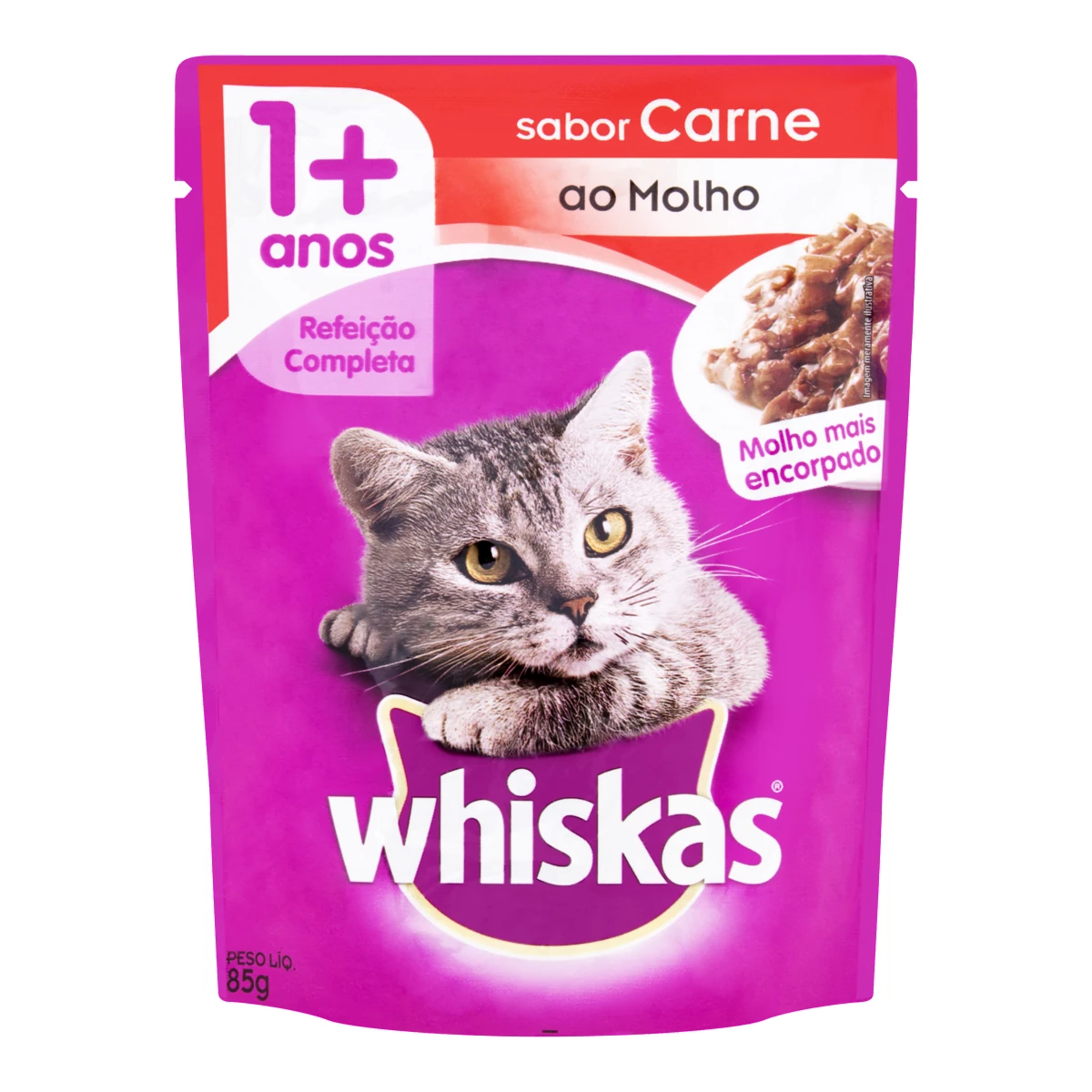 Alimento Umido Gato Adulto 1+ Carne Molho E Salsa Whiskas Sache 85g