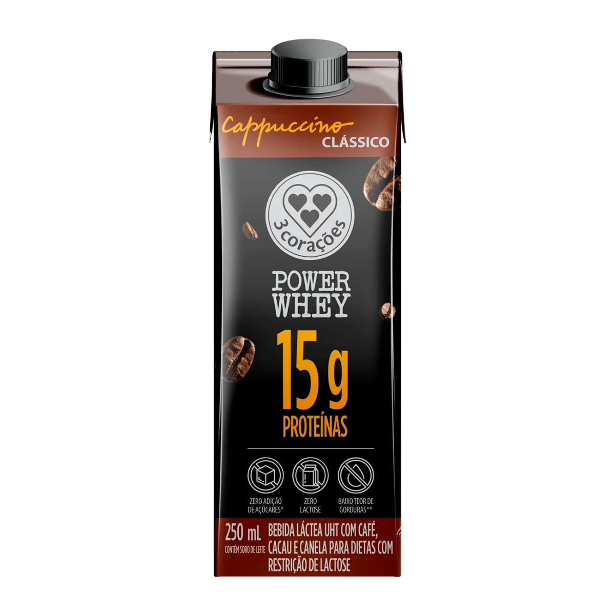 Bebida Lactea Power Whey Cafeina Cappuccino Classico 3 Corações Caixinha 250ml