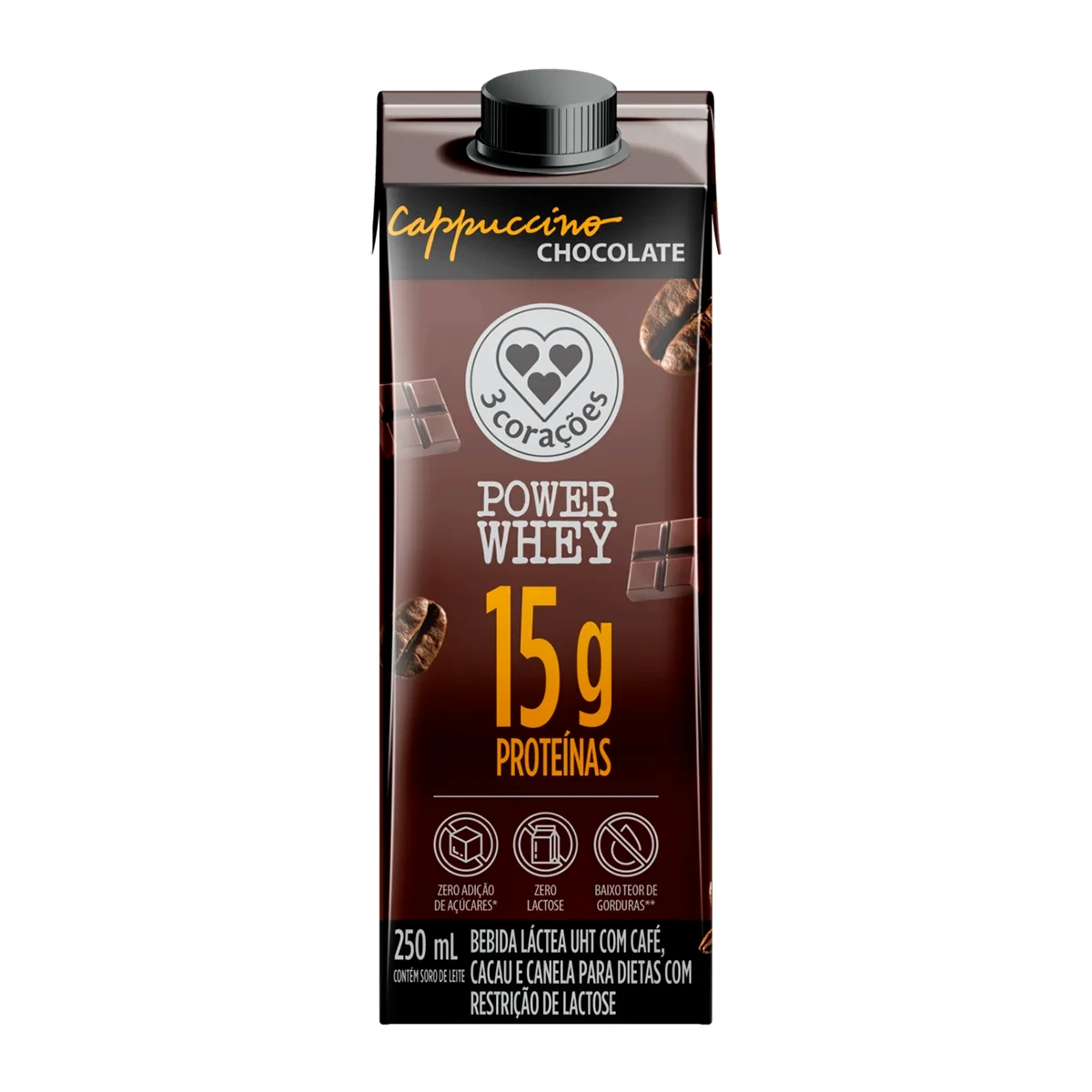 Bebida Lactea Power Whey Cafeina Cappuccino Chocolate 3 Corações Caixinha 250ml