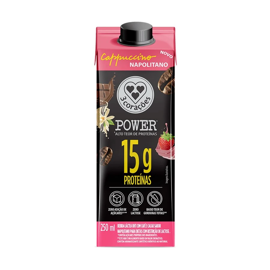 Bebida Lactea Power Whey Cafeina Cappuccino Napolitano 3 Corações Caixinha 250ml