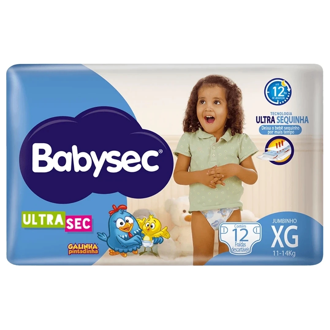 Fralda Descartavel Infantil Ultra Sec Jumbinho Babysec Tamanho XG 11 a 14kg Pacote 12 Unidades