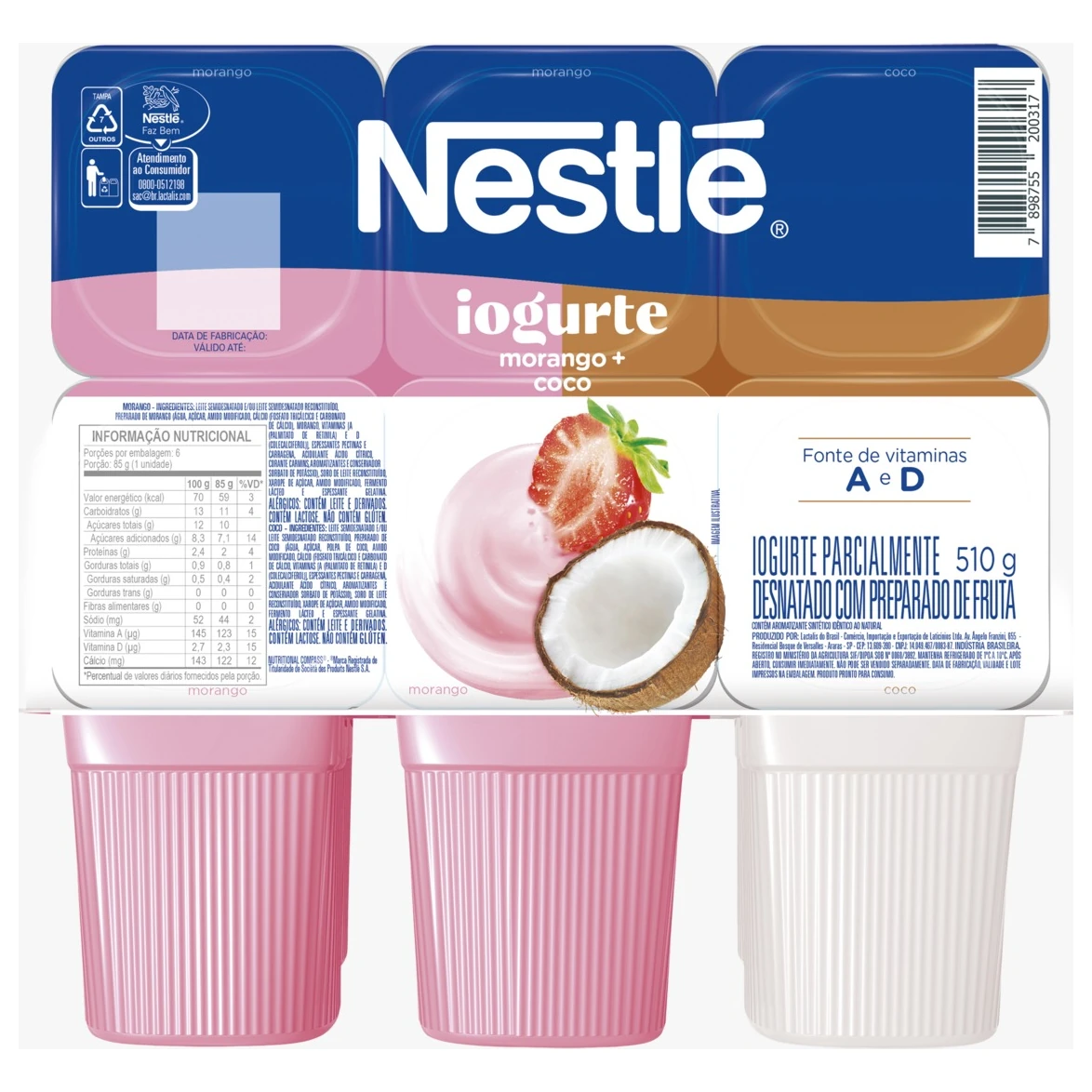 Iogurte Polpa Morango Coco Nestle Bandeja 540g